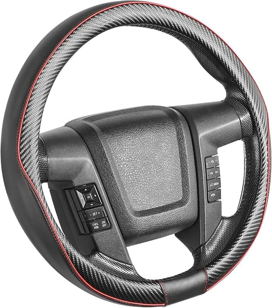 SEG Direct Car Steering Wheel Cover Large-Size for F150 F250 F350 Ram 4Runner Tacoma Tundra Range Rover with 15 1/2"-16" Outer Diameter Leather with Carbon Fiber Pattern Black and Red
