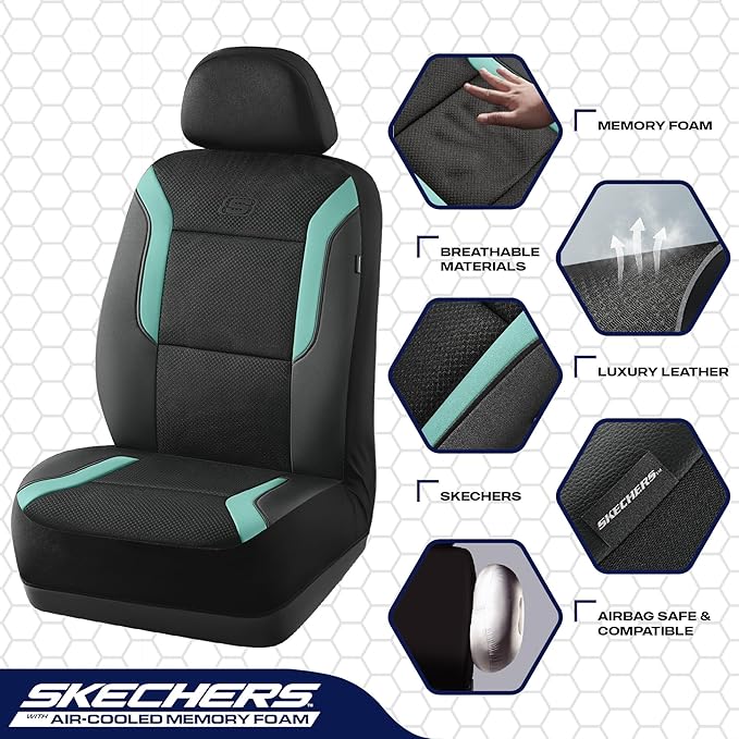 Skechers Memory Foam Car Seat Covers, Air Cool Mesh Thick Seat Covers, Car Seat Full Sets, Airbag Compatible, Automotive Comfort Protection for Most Cars,Vans,Trucks, SUVs,Green