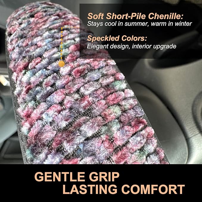 PINCTROT D Shaped Chenille Leather Steering Wheel Cover, Soft Mottled Colors, Sweat-Proof, Non-Slip Grip, All-Season Comfort, Flat Bottom 14.5-15 Inch(Mottled Purple)