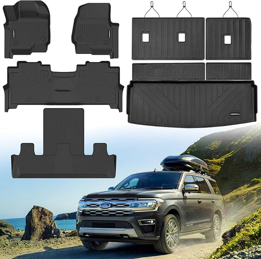 All Weather Car Floor Mats Cargo Liner with Backrest Mat for 2018-2024 Ford Expedition 7 Seater 2 Row (Not Fit for MAX/Limited Model), TPE Rubber Liners Full Set for 2024 Expedition Accessories