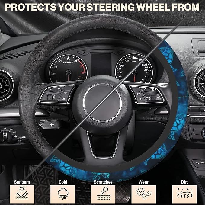 Watercolor Blue Sea Turtle Car Steering Wheel Cover Universal Fit 15 inch, Sweat Absorption Anti-Slip Breathable Neoprene Steering Wheel Protector for Women