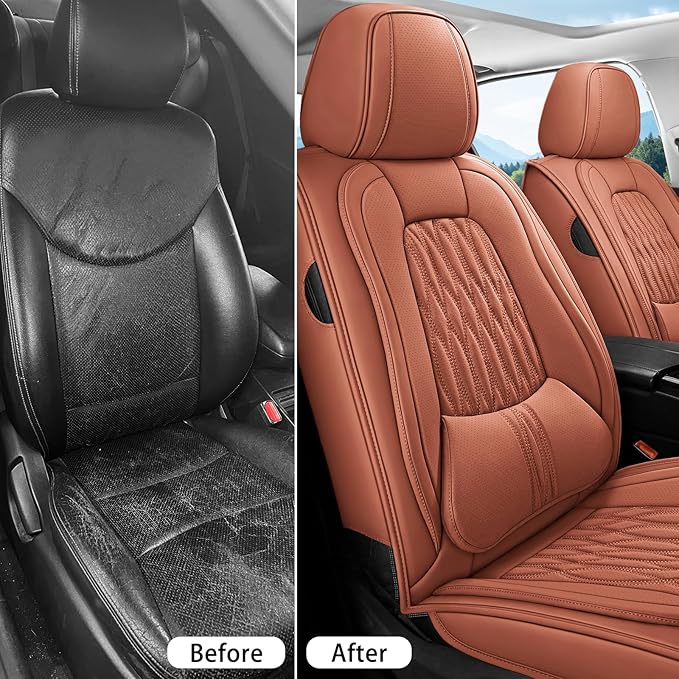 WELLDO Car Seat Covers Full Set,Nappa Leather Seat Covers for Car, Waterproof Car Seat Protector with Lumbar Support, Automotive Seat Covers Universal Fit for Most Cars SUV Truck, 2seats,Brown