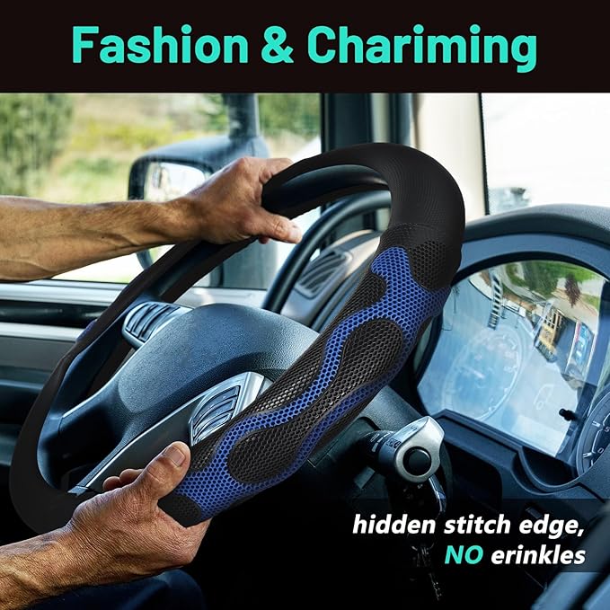 17.5-18 Inch Truck Steering Wheel Cover Wheel Semi-Truck Comfy Grip Cover with 3D Honeycomb Anti-Slip Design Car Accessory, Fits RV, Big Rig and Classic Car (Leather, Blue, Classic Style)