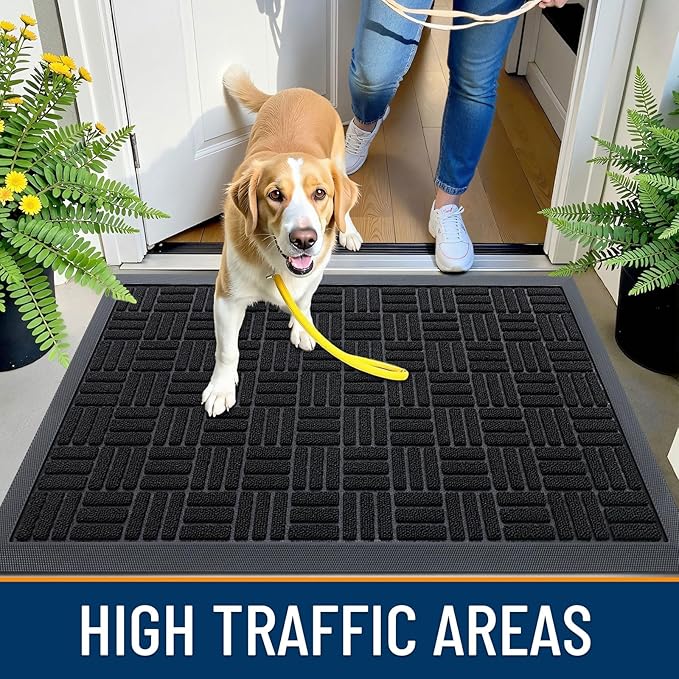 OLANLY Front Door Mat Outside Entrance 35x23, Absorbent, Heavy Duty Sturdy Natural Rubber Doormat Indoor Outdoor, Stain and Fade Resistant, Non-Slip Backing Low Profile Floor Mat for Entryway, Black