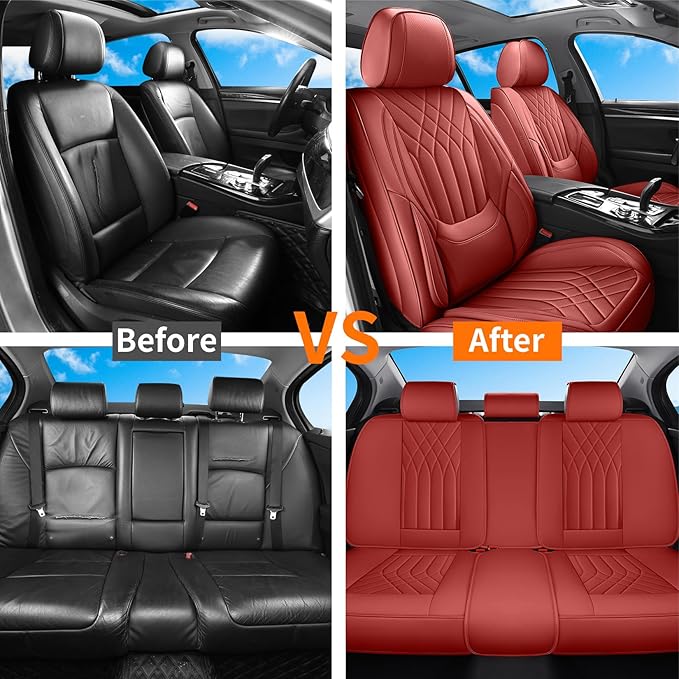 Red Car Seat Covers Full Set, Luxury Faux Leather Waterproof Red Car Seat Covers Front Seats and Back Car Seat Protector Anti-Slip Universal Fit for Most Cars SUVs Trucks Pickups