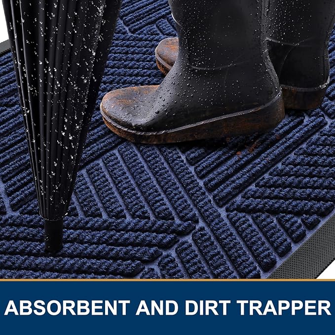 Smiry Front Door Mat Outside Entrance, Heavy Duty Sturdy Natural Rubber Doormat, Trap Dirt and Moisture, Easy Clean Low Profile Mats for Indoor Outdoor Entry, Irregular Triangle (47x32, Navy Blue)