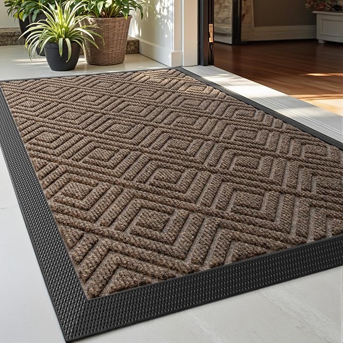 DEXI Front Door Mat Outside Entrance, Heavy Duty Rubber Backed Doormat, Stain and Fade Resistant, Low-Profile Easy Clean Entryway Floor Mats, 2x3, Checkered Brown
