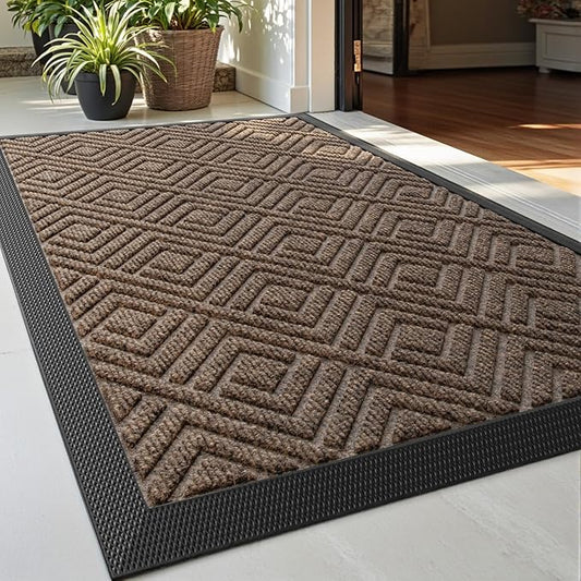 DEXI Front Door Mat Outside Entrance, Heavy Duty Rubber Backed Doormat, Stain and Fade Resistant, Low-Profile Easy Clean Entryway Floor Mats, 2x3, Checkered Brown