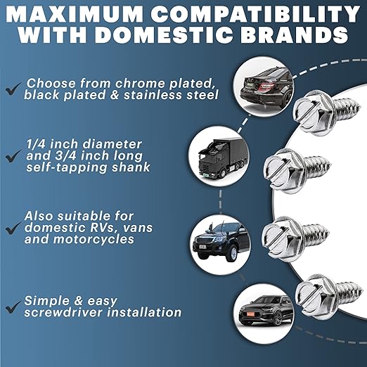 Chrome License Plate Screw Kit - Set of 8 Stainless Steel Fasteners for License Plates, Frames, and Covers on Domestic Cars, Trucks, Vans, SUVs - Rustproof, Self Tapping Mounting Bolts (Chrome Plated)