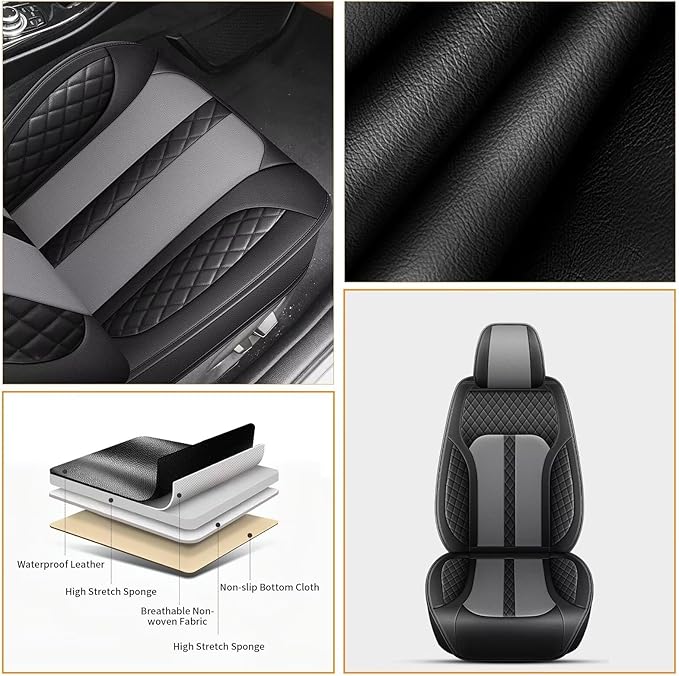 AOMSAZTO Car Seat Cover Fit for Chevrolet Equinox 2007-2025 2026 Leather Vehicle Cushions Cover Seat Protector Automotive Full Set 5 Seat Covers Waterproof Compatible Airbag Black&Gray