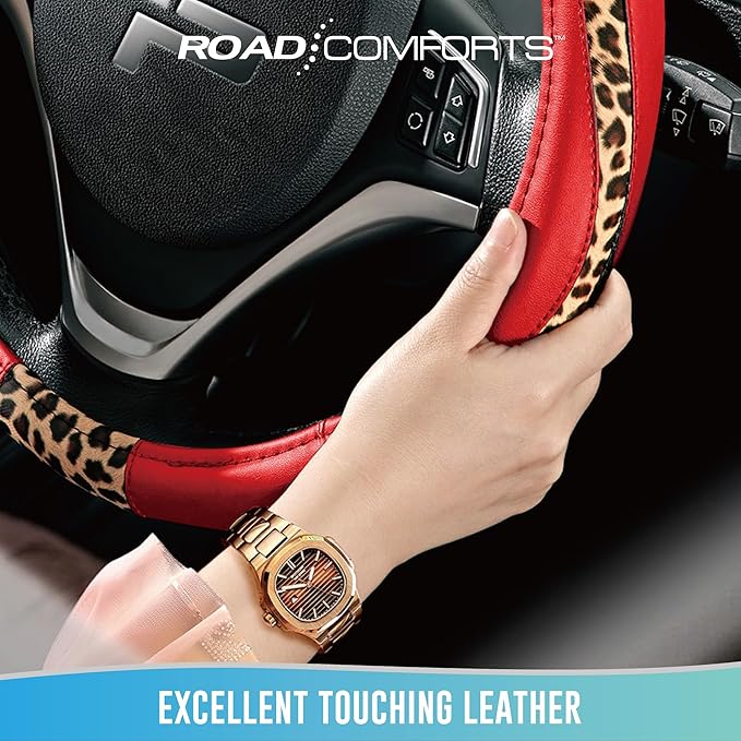 Road Comforts Steering Wheel Cover - Made with PVC Leather and Leopard Fabric - Universal 14 1/2 inches to 15 inches for Most Automotive Steering Wheel - Cheetah Print -Red