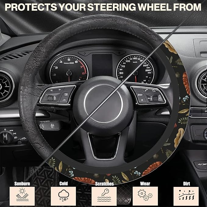 Vintage Mushroom Steering Wheel Cover, Woodland Nature Elastic Non-Slip Steering Wheel Protector,Auto Interior Decor for Women Girls,Universal 15" Fit for Sedans,Trucks