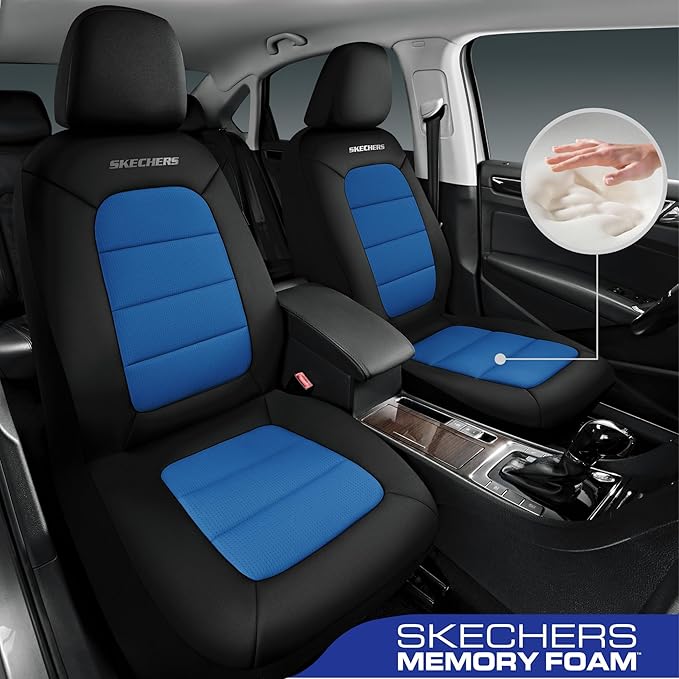 Skechers Memory Foam Car Seat Covers,Thick Cool Touch Fabric Seat Covers,Front Seat Cover Airbag Compatible,Automotive Comfort Protection for Most Cars,Vans,Trucks,SUV,Blue