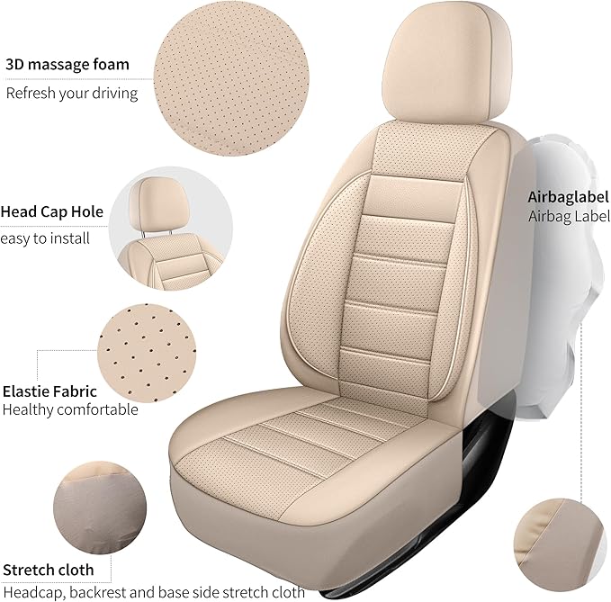 Leather Car Seat Covers Front Seats Only, 3D Foam Support Car Seat Covers, Universal fit for Trucks Vans SUVs Sedans Automotive Comfortable, Airbag Compatible (2PCS Front, Beige)