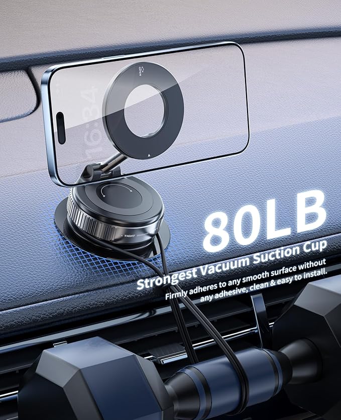 Suction Cup Phone Mount,Vacuum Magnetic Phone Holder for Car,360 Adjustable Vacuum Magnetic Phone Holder,Magnet Car Mount for All Smartphones & All Vehicle & Gym/Bathroom Mirror