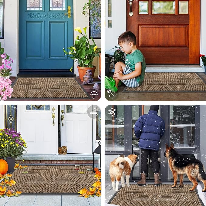 Smiry Front Door Mat Outside Entrance, Heavy Duty Sturdy Natural Rubber Doormat, Trap Dirt and Moisture, Easy Clean Low Profile Mats for Indoor Outdoor Entry, Irregular Triangle (47x17, Brown)