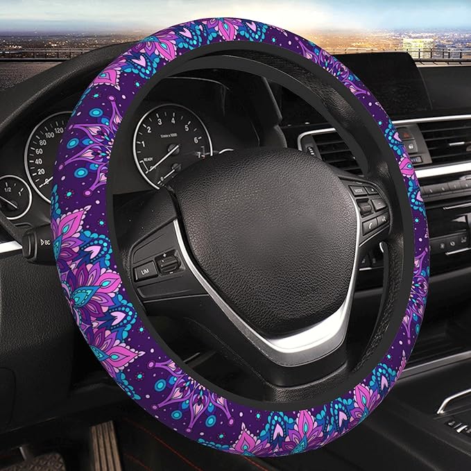 Purple Galaxy Flower Steering Wheel Cover for Women Girls Abstract Mandala Floral Universal 15 Inch Auto Neoprene Case Anti-Slip Car Wheel Protector
