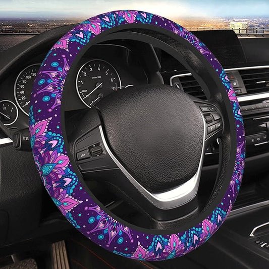 Purple Galaxy Flower Steering Wheel Cover for Women Girls Abstract Mandala Floral Universal 15 Inch Auto Neoprene Case Anti-Slip Car Wheel Protector