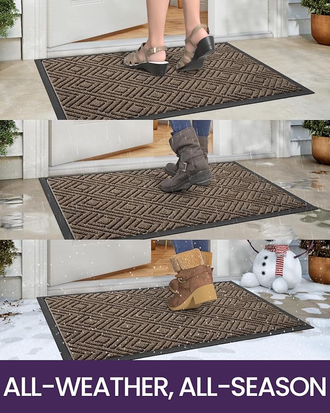 DEXI Front Door Mat Outside Entrance, Heavy Duty Rubber Backed Doormat, Stain and Fade Resistant, Low-Profile Easy Clean Entryway Floor Mats, 32x48, Checkered Brown