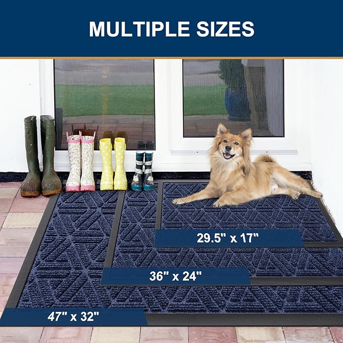 Smiry Front Door Mat Outside Entrance, Heavy Duty Sturdy Natural Rubber Doormat, Trap Dirt and Moisture, Easy Clean Low Profile Mats for Indoor Outdoor Entry, Grid Geometric (59x35, Navy Blue)