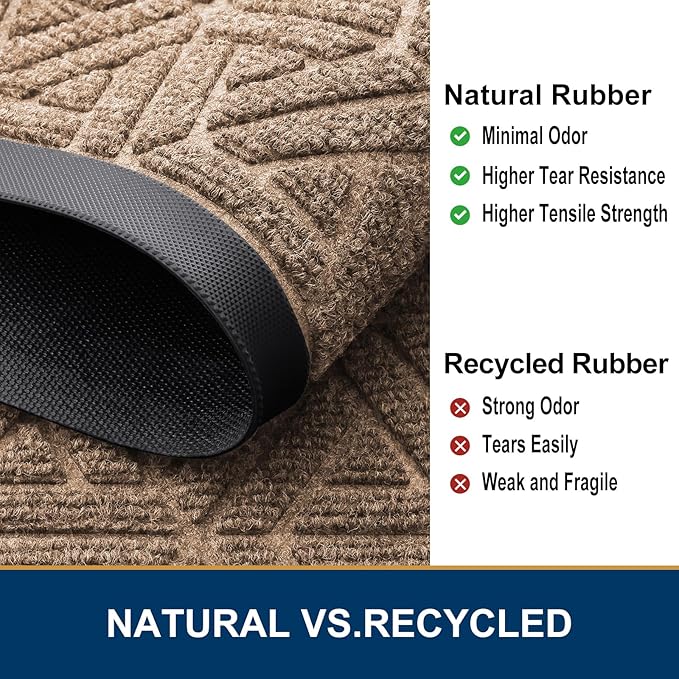 Smiry Front Door Mat Outside Entrance, Heavy Duty Sturdy Natural Rubber Doormat, Trap Dirt and Moisture, Easy Clean Low Profile Mats for Indoor Outdoor Entry, Grid Geometric (29.5x17, Coffee)