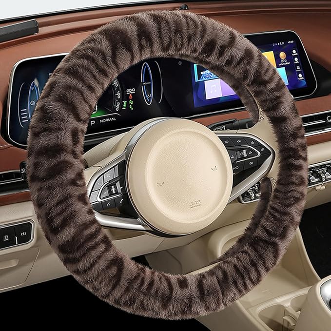 Fluffy Cheetah Car Steering Wheel Cover Luxurious Faux Fur Leopard Print Cute Wheel Protector Universal 15 Inch Fit for Vehicle, Car, Auto, SUV Winter Warm (Brown)