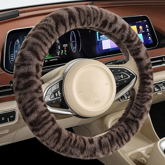 Fluffy Cheetah Car Steering Wheel Cover Luxurious Faux Fur Leopard Print Cute Wheel Protector Universal 15 Inch Fit for Vehicle, Car, Auto, SUV Winter Warm (Brown)