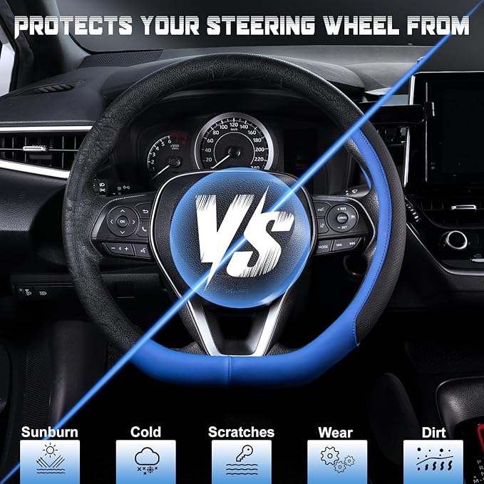 SEG Direct D Shaped Steering Wheel Cover for 14.5-15 inch Flat Bottom Wheels, Breathable Perforated Microfiber Leather, Anti-Slip Grip, Universal Fit for Cars & SUVs, Black and Blue