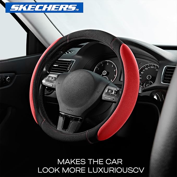 Skechers Steering Wheel Cover,Memory Foam Car Steering Wheel Cover,14.5-15inch Anti-Slip Safety Comfortable Desgin, Universal Accessory for Diverse Cars, Truck,SUV (Black & Red)
