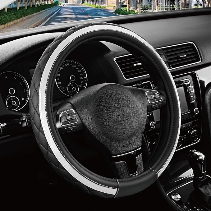 Road Comforts Leather Steering Wheel Cover – Black & Silver, Universal Fit 14.5-15 Inch, Microfiber Leather, Anti-Slip & Breathable Design for Men and Women