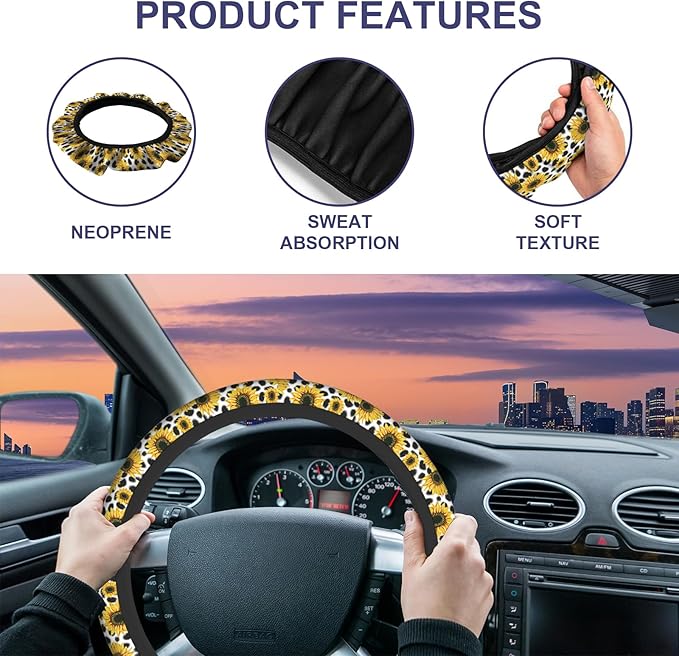 Sunflower Cow Skin Steering Wheel Cover, Universal 15 Inch, Yellow, Neoprene, Truck, Van, Car