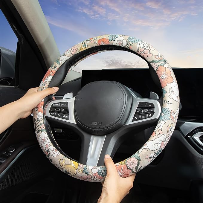 White Rabbit Mushroom Steering Wheel Cover Auto Jacquard Steering Wheel Protector, Anti-Slip, Breathable, Absorbing Sweat, Universal Mushroom Car Accessories 14.5–15 inch,Fit for Most Car, Trucks, SUV