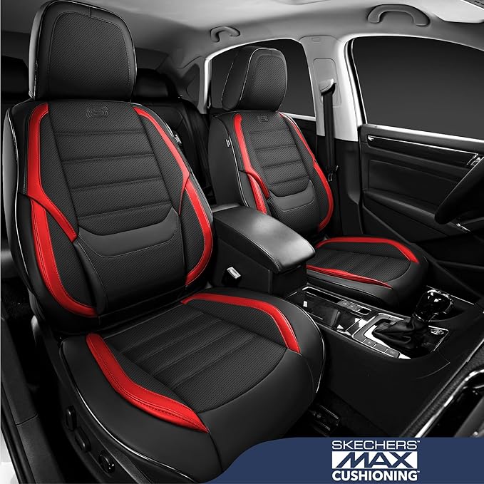Skechers MAX Cushioning Seat Covers,Memory Foam Leather Car Seat Covers,Waterproof Car Seat Protector Front Seats,Car Seat Cushion Airbag Automotive Universal Fit for Most Cars,Vans,Trucks,SUV,Red