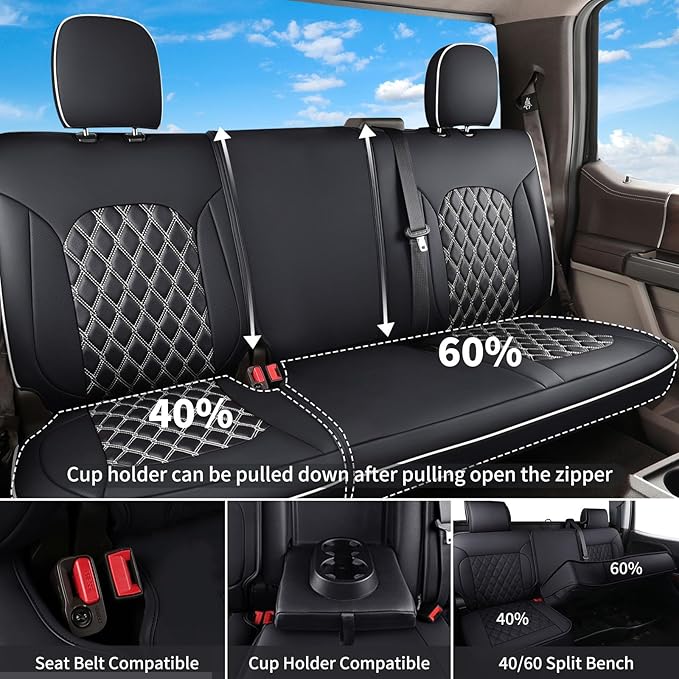 Huidasource Silverado Seat Covers Front Back Leather Seat Accessories Fit for Chevy Silverado GMC Sierra 1500 2007-2013&2019-2025, 2500HD 3500HD 2020-2025 Crew Double Cab(Full Set/Black&White)
