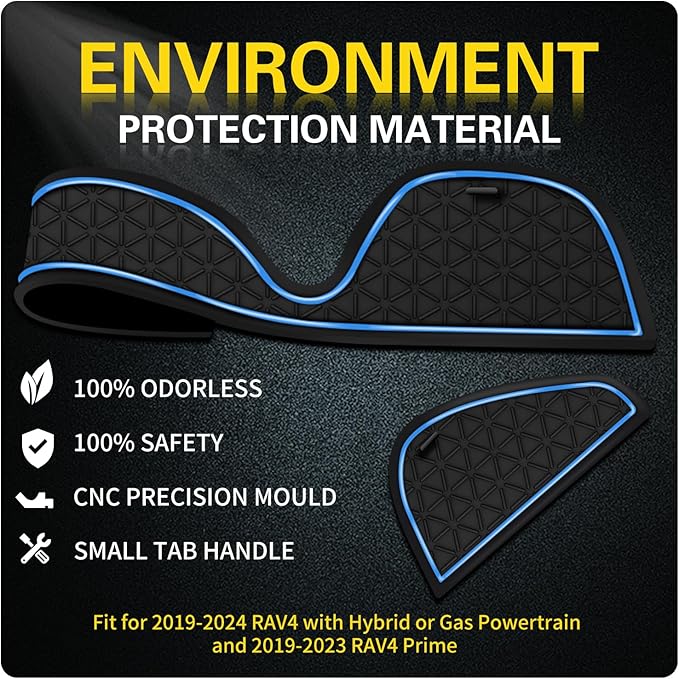 Premium Liner Mat Accessories Compatible with Toyota RAV4 2019-2024 and 2021-2024 RAV4 Prime, Custom Fit Cup Holder, Door Pocket and Center Console Inserts (Blue Trim, 14-PCS)