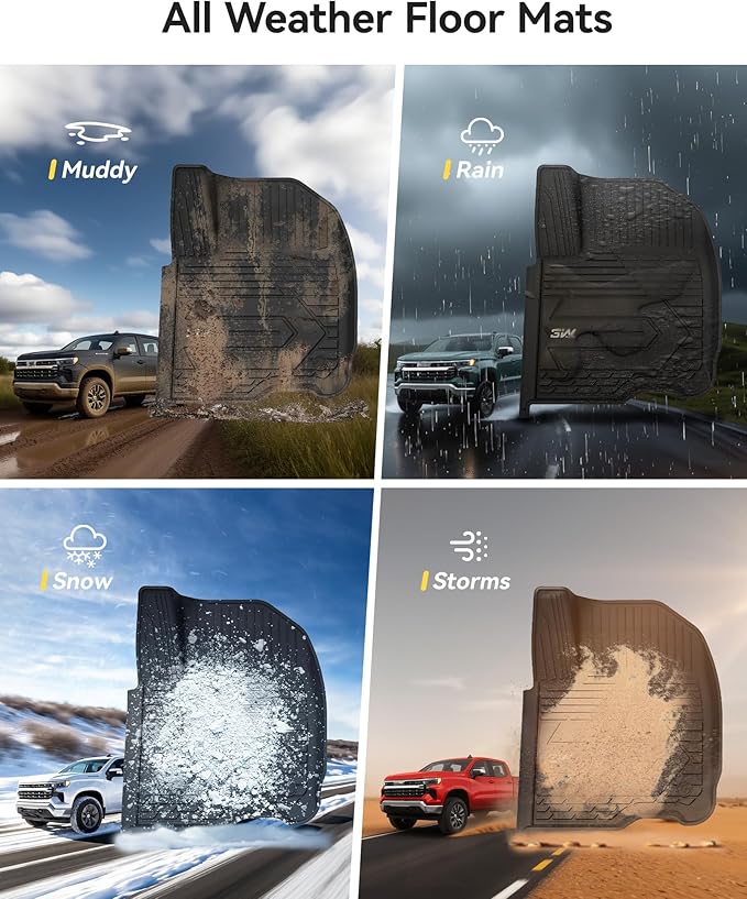 3W Floor Mats Fit for 2019-2024 2025 Chevy Silverado/GMC Sierra 1500 & 2020-2024 2025 Chevrolet Silverado/GMC Sierra 2500 HD/3500HD Crew Cab TPE All Weather Custom Fit, with Factory Carpeted Storage