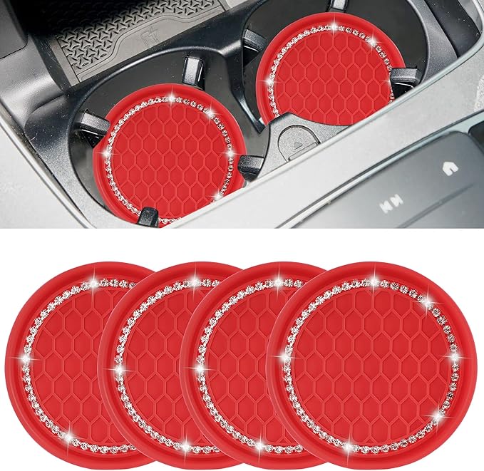 Amooca Car Cup Coaster 4 Pack Universal Non-Slip Cup Holders Insert Coasters Bling Crystal Rhinestone Car Interior Accessories Red Grid