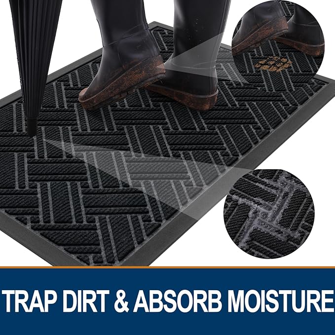 OLANLY Indoor Outdoor Mat, Sturdy Natural Rubber Floor Mat, Non Slip Low Profile Waterproof Doormat, and Stain Front Door Mats, Easy Clean Patio Entrance Mat, 48''x32'', Black