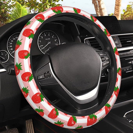 Strawberry Car Steering Wheel Cover, Pink Striped Non-Slip Absorbing Sweat Car Wheel Cover Accessories for Men Women,Universal 15" Fit Auto SUV Vans Trucks