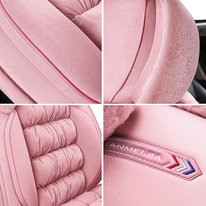AOOG Fuzzy Leather Car Seat Covers, Heated Front Bench Back Cushion Protector for Cars SUV Trucks (Front seat, Pink)