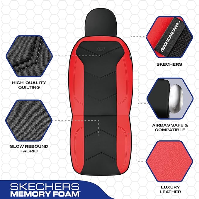 Skechers Memory Foam Seat Covers,Leather Car Seat Covers, Ultimate Comfort & Support Seat CoversFull Sets,Airbag Compatible, Automotive Universal Fit Most for SUVs, Vans, Sedans, Cars, Trucks,Red