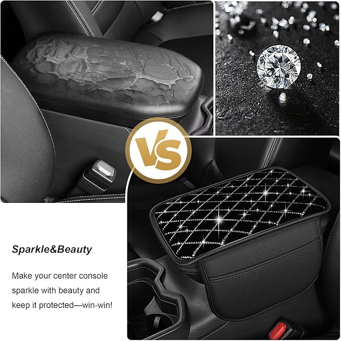 Car Armrest Cover Fit for bZ4X Diamond Rhinestone Bling Center Console Cover with 2 Storage Bags Leather Arm Rest Cover Pad Protector(Black)