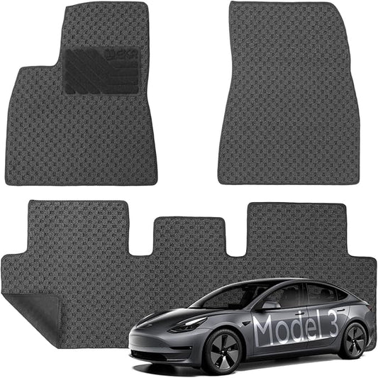 EKR Custom Fit Carpet Floor Mats for Tesla Model 3 2017 2018 2019 2020 2021 2022 2023, 0.3 Inch Thickness Rugs, Premium All Weather Anti-Slip Waterproof Floor Liners (Black Checkerboard)
