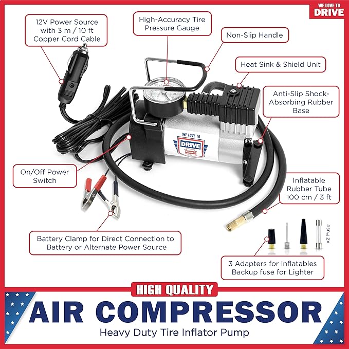 Tire Inflator Portable Air Compressor – 12V DC Air Pump for Car Tires, 150 PSI Electric Air Pump with Tyre Pressure Gauge – Corded Silver by WE LOVE TO DRIVE
