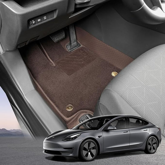 EKR Custom Floor Mats for Tesla Model 3 2017-2023, Front & 2nd Row Luxury Double Layer Car Floor Mat Liner Fit Model 3 2017 2018 2019 2020 2021 2022 2023 - Leatherette Plus Carpet (Brown)
