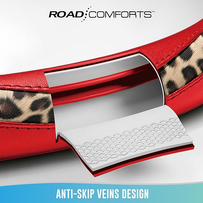 Road Comforts Steering Wheel Cover - Made with PVC Leather and Leopard Fabric - Universal 14 1/2 inches to 15 inches for Most Automotive Steering Wheel - Cheetah Print -Red