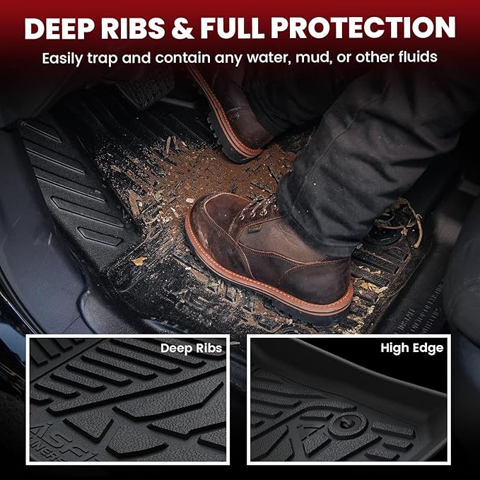LASFIT Floor Mats for Ford F-150 2011-2014 SuperCrew Carpet Floor Front Row w/Flow-Through Console All Weather Protector TPE Truck Liners, 1st & 2nd Row, 3pcs Black