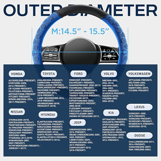 PIC AUTO Massage Steering Wheel Cover, Blue Football Pattern Material Spliced Leather Car Steering Wheel Protector, Car Interior Accessories, Universal Fit 14.5"-15.5" for Cars, Trucks, Van, SUV