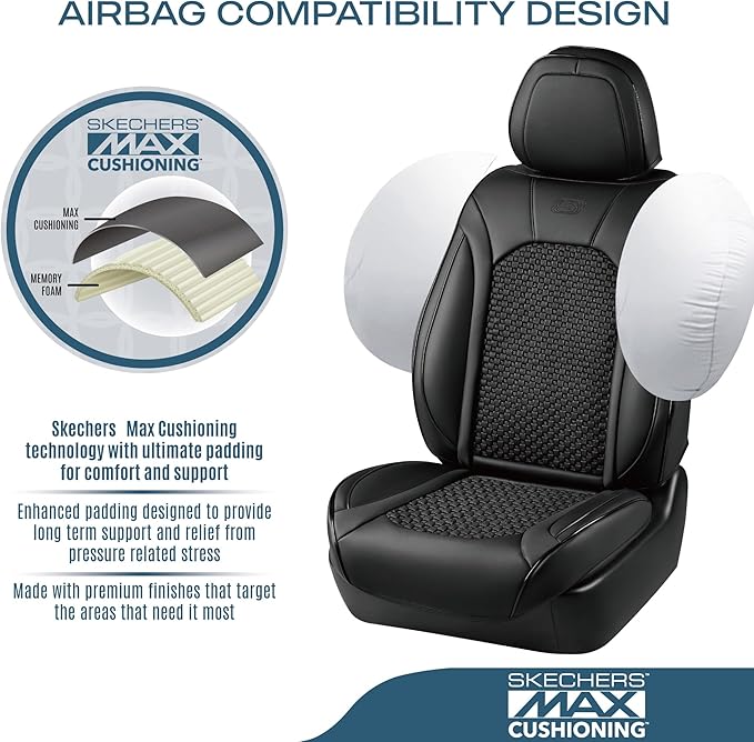 Skechers MAX Cushioning Car Seat Covers,Memory Foam Leather Seat Covers, Air Cooled Car Seat Cover Front Seats,Car Seat Cushion Airbag Universal Fit for Most Cars,Vans,Trucks,SUV,Black