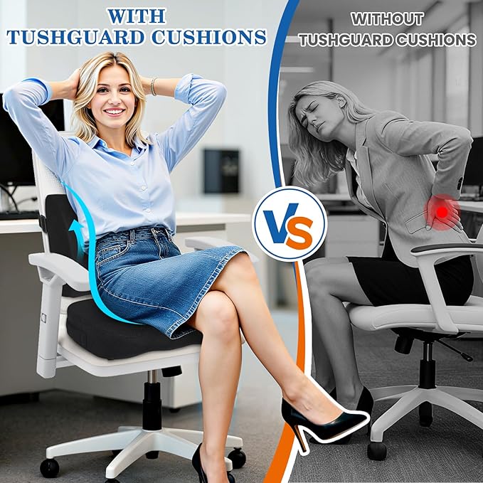 TushGuard Back&Seat Cushion, Car Seat Office Chair Cushions, Memory Foam Lumbar Back Support Pillow, Portable Airplane Seat Cushion for Travel, Computer Desk, Wheelchair, Driving (Black, X-Large)